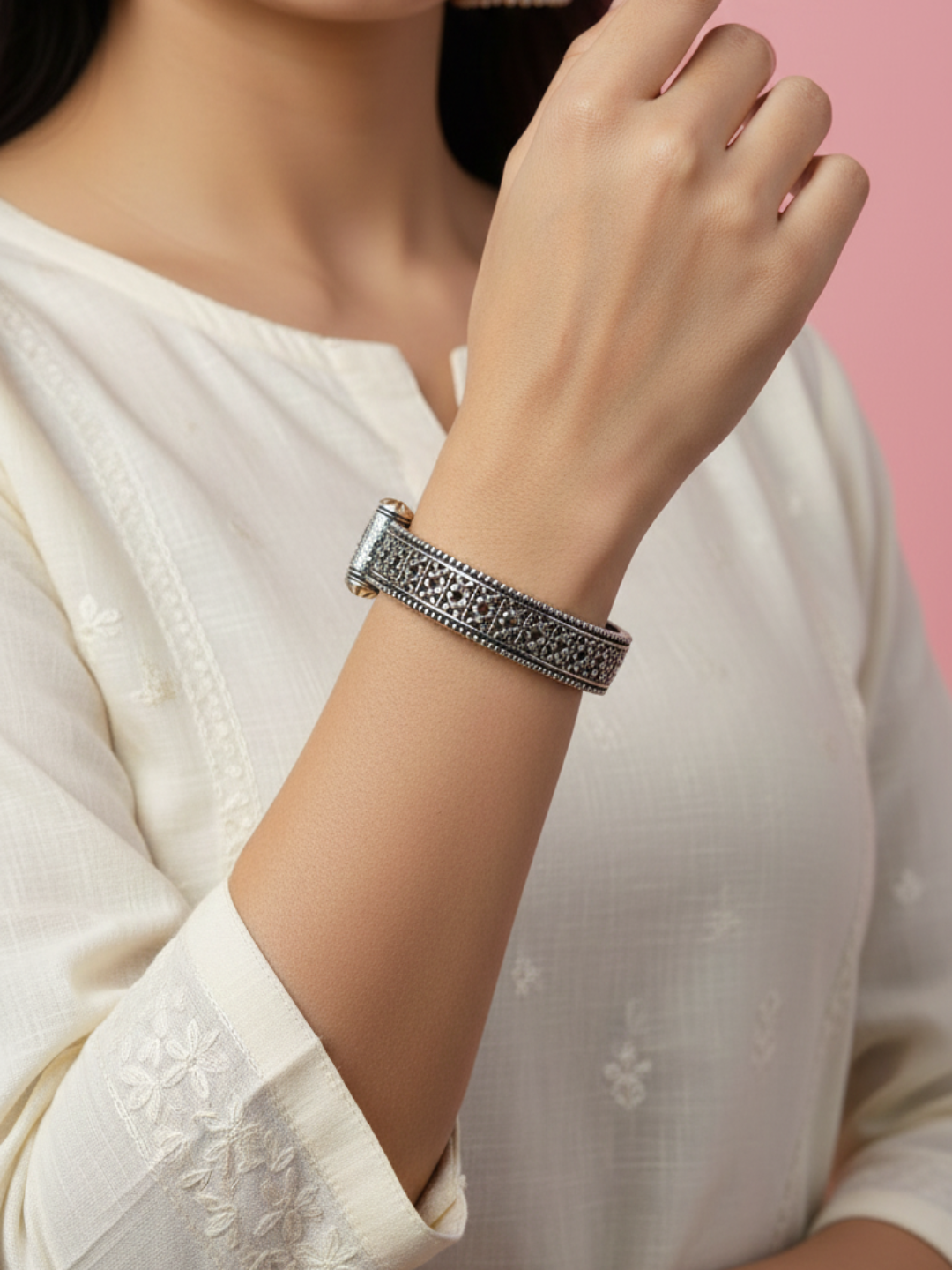 Gul E Jaipur Brass Oxidised Rajwadi Black Silver Kada