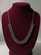 Silver Plated Oxidized Brass Double Layer Necklace with Pearl Drops for Women