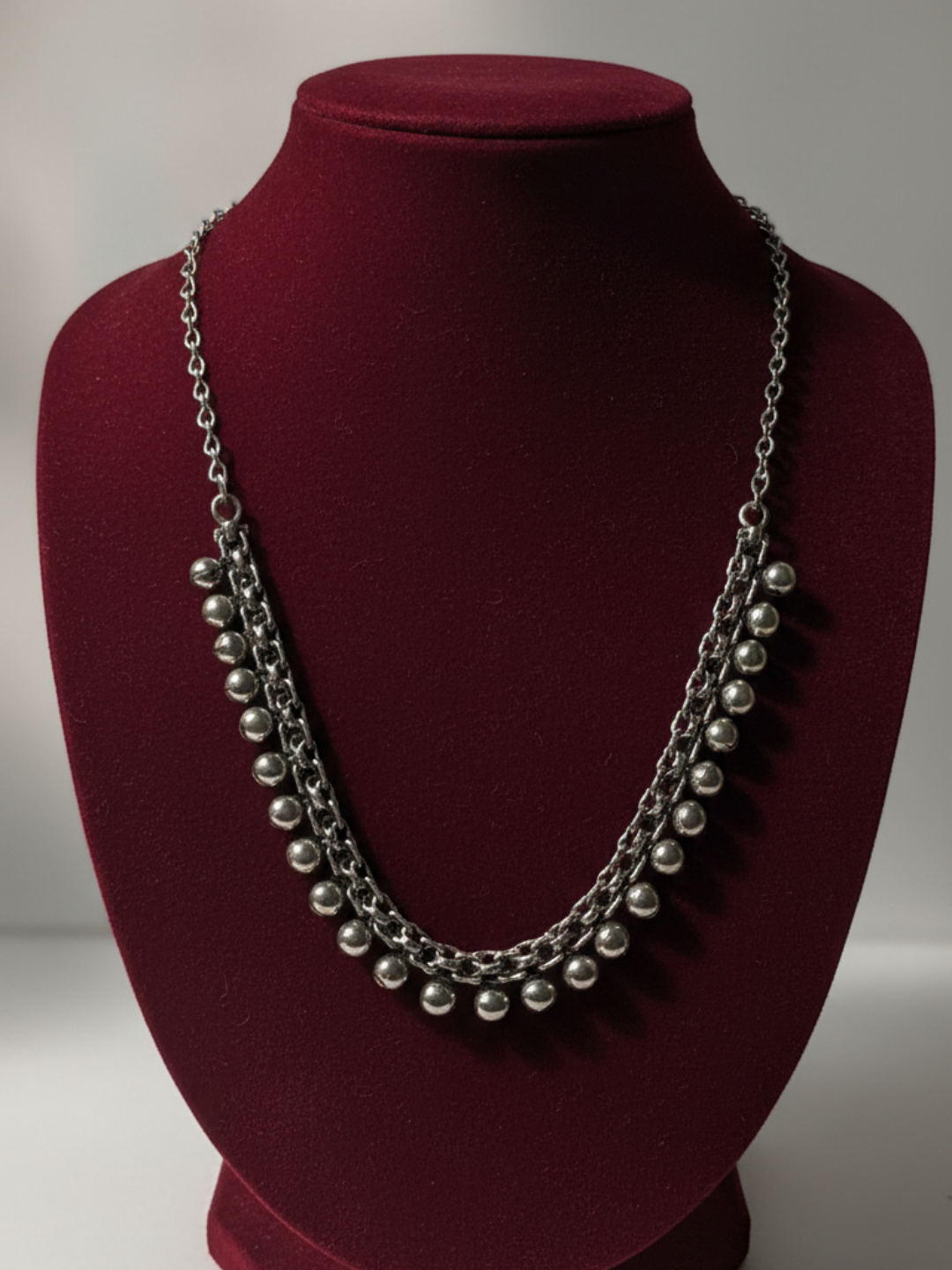 Silver Plated Oxidized Brass Double Layer Necklace with Pearl Drops for Women