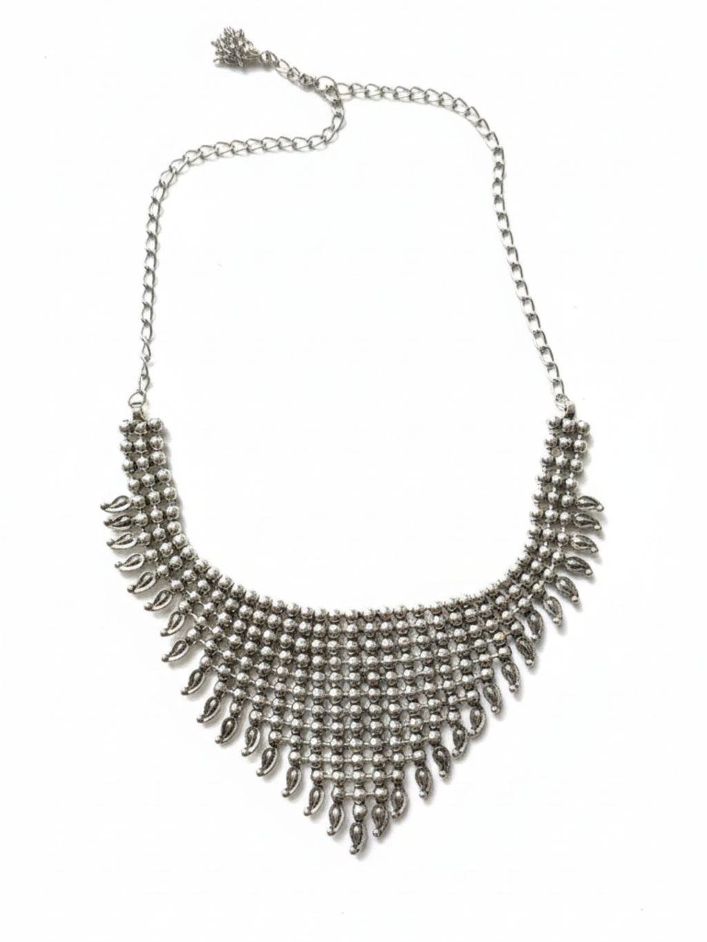 Silver-Plated Brass Teardrop Fringe Necklace - Handmade Oxidized