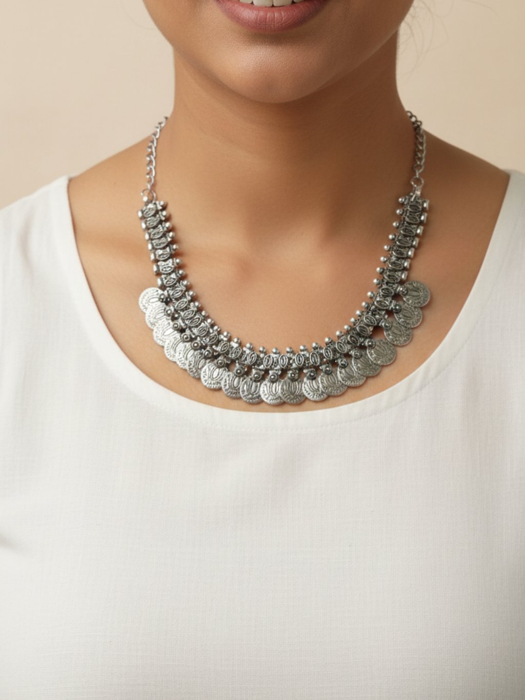Oxidized Silver Plated Brass Heavy Coin Layered Statement Necklace for Women & Girls