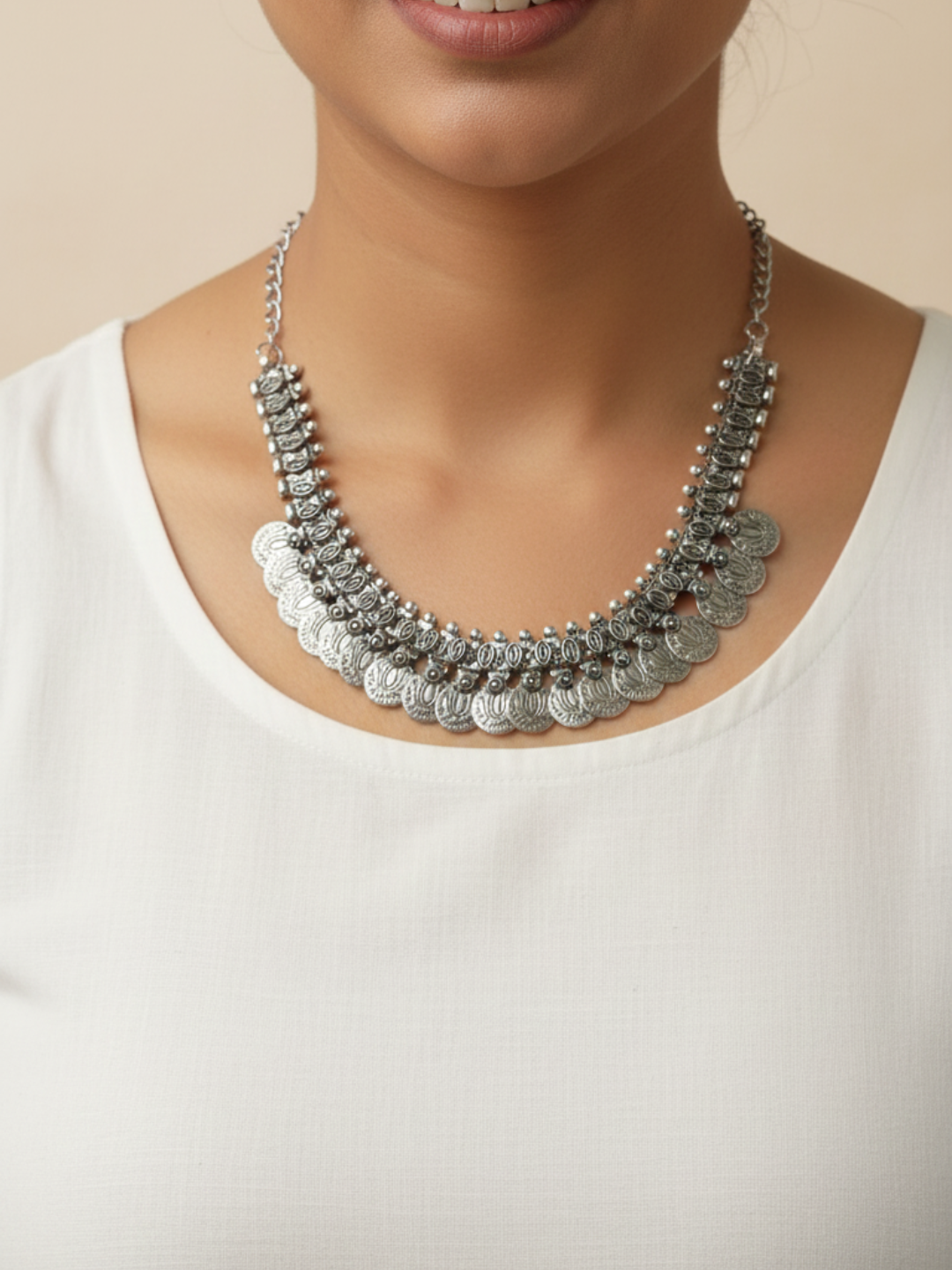 Oxidized Silver Plated Brass Heavy Coin Layered Statement Necklace for Women & Girls