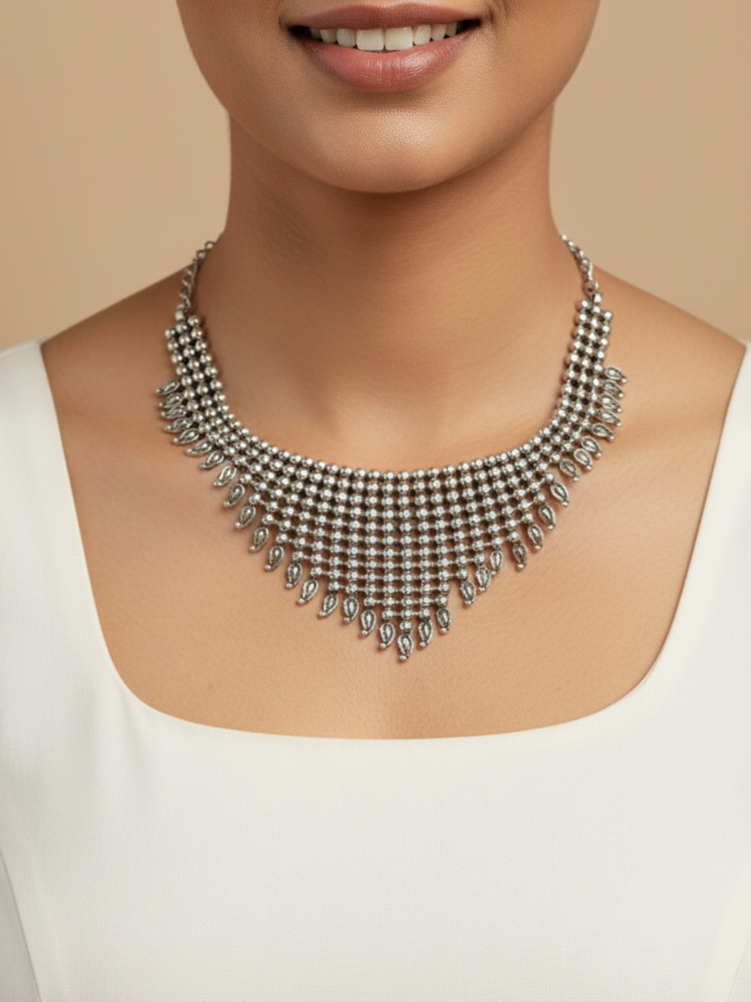 Silver-Plated Brass Teardrop Fringe Necklace - Handmade Oxidized