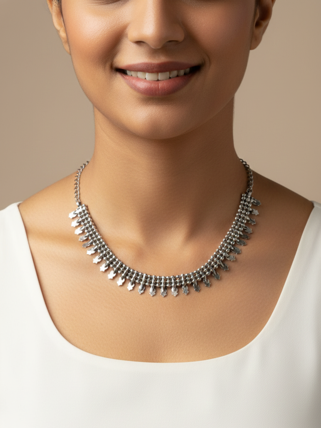 Silver Plated Brass Traditional Long Necklace with Metal Leaf Drops for Women & Girls