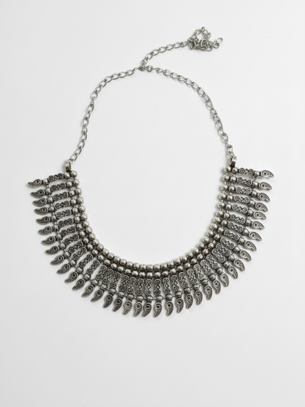 traditional oxidized silver plated brass choker necklace with paisley (mango) drop pattern