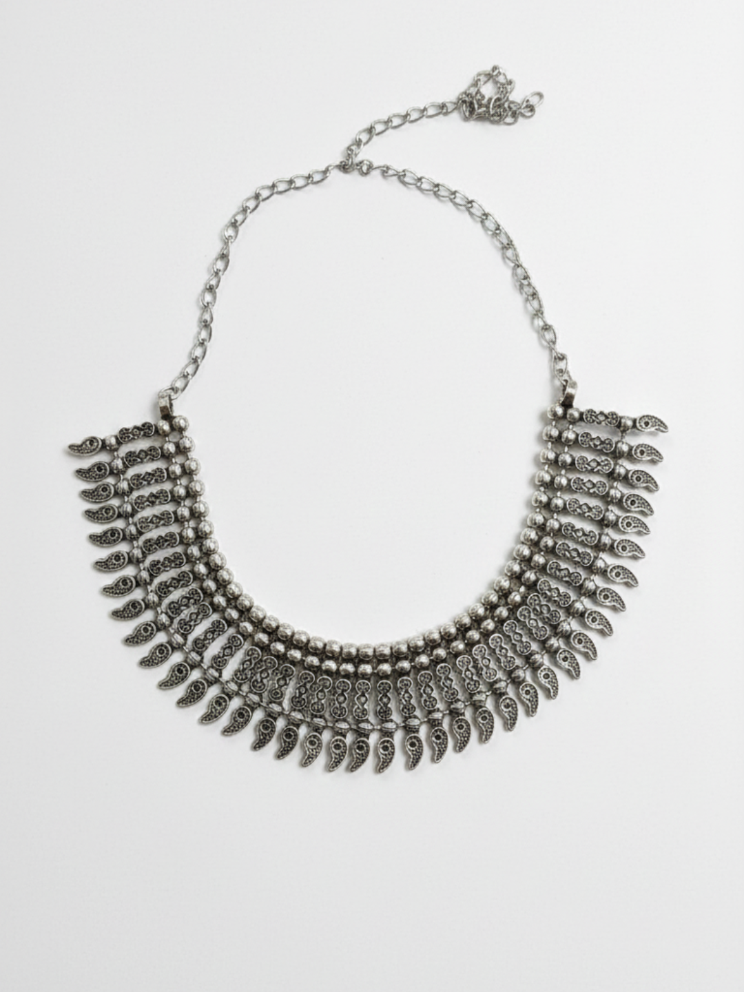 traditional oxidized silver plated brass choker necklace with paisley (mango) drop pattern
