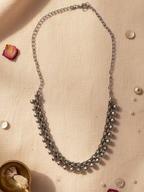 Silver Plated Oxidized Brass Double Layer Necklace with Pearl Drops for Women