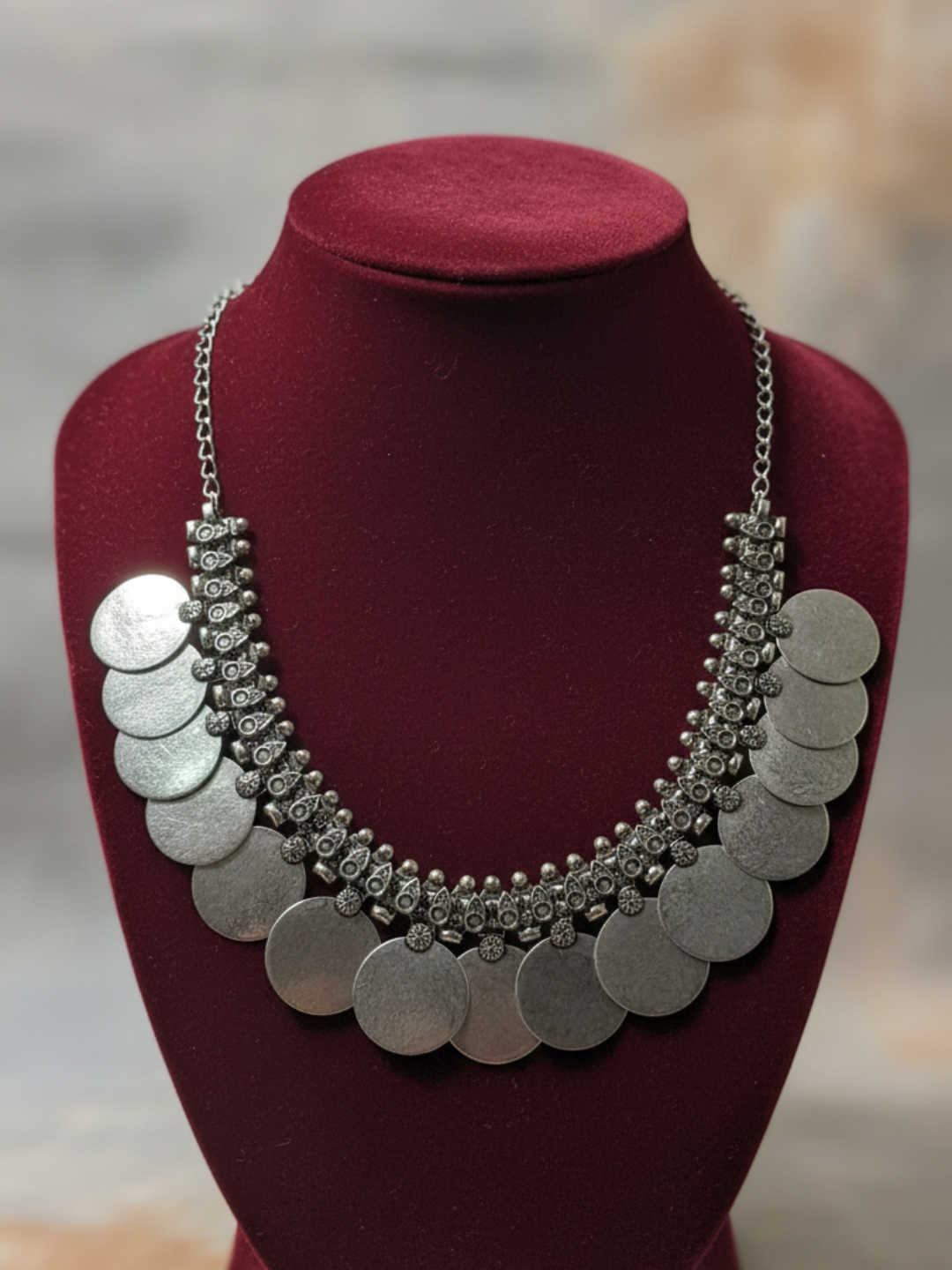 traditional oxidized silver plated brass necklace with large coin disc drops (statement ethnic piece)