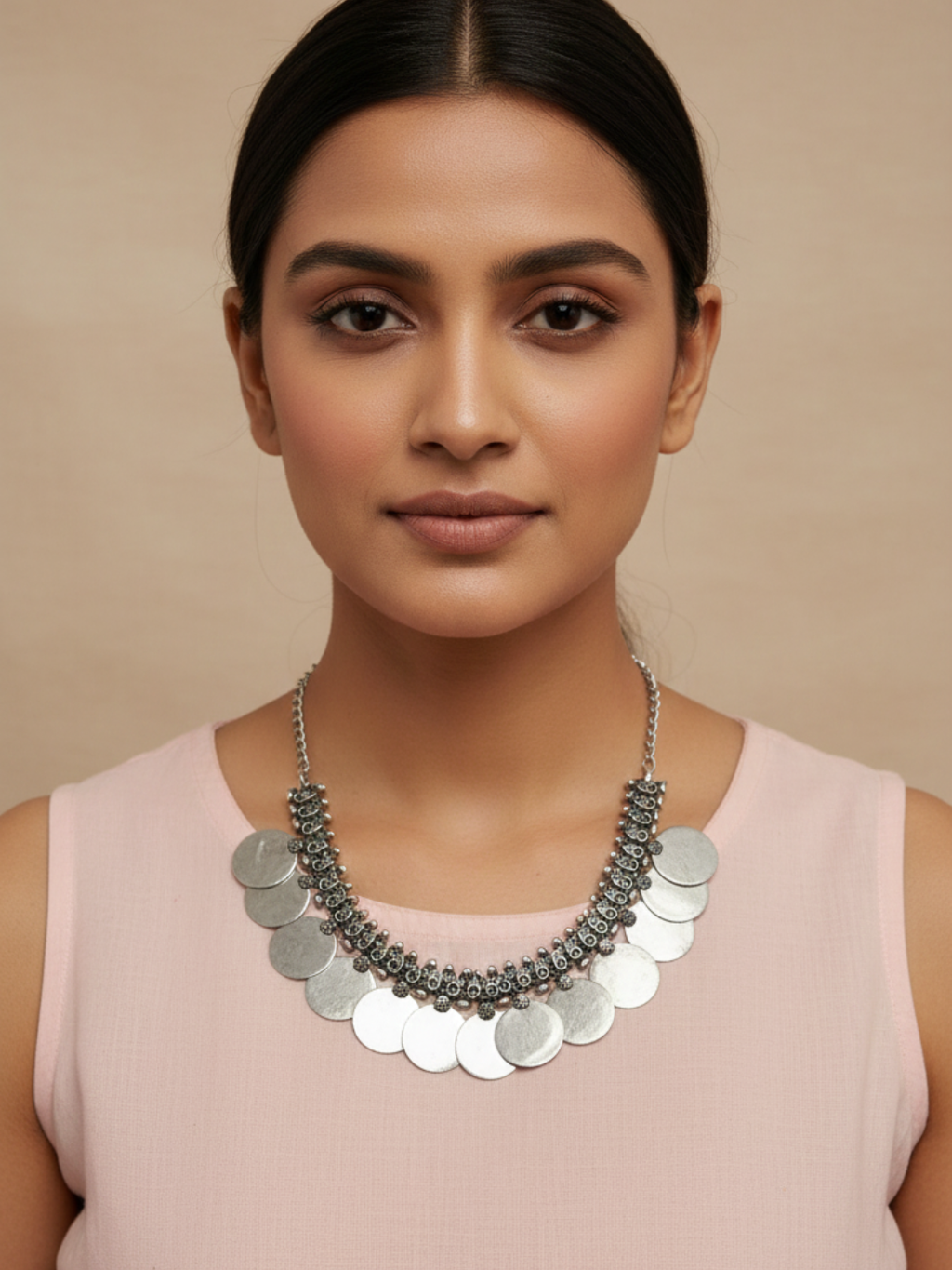 traditional oxidized silver plated brass necklace with large coin disc drops (statement ethnic piece)