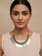traditional oxidized silver plated brass necklace with large coin disc drops (statement ethnic piece)