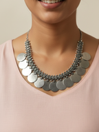 traditional oxidized silver plated brass necklace with large coin disc drops (statement ethnic piece)