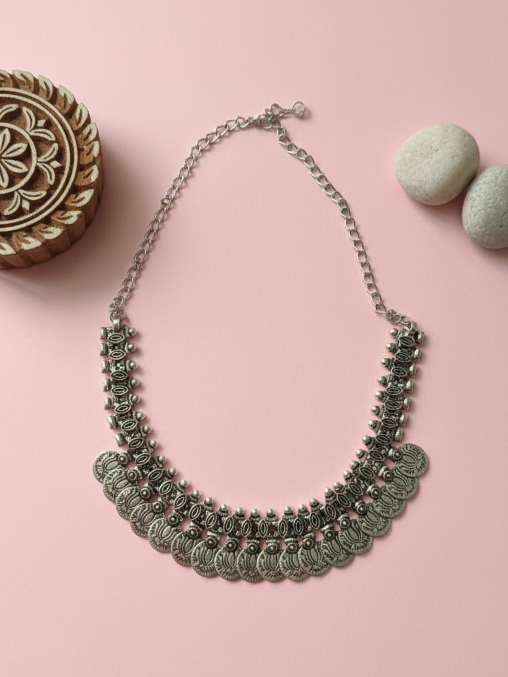Oxidized Silver Plated Brass Heavy Coin Layered Statement Necklace for Women & Girls