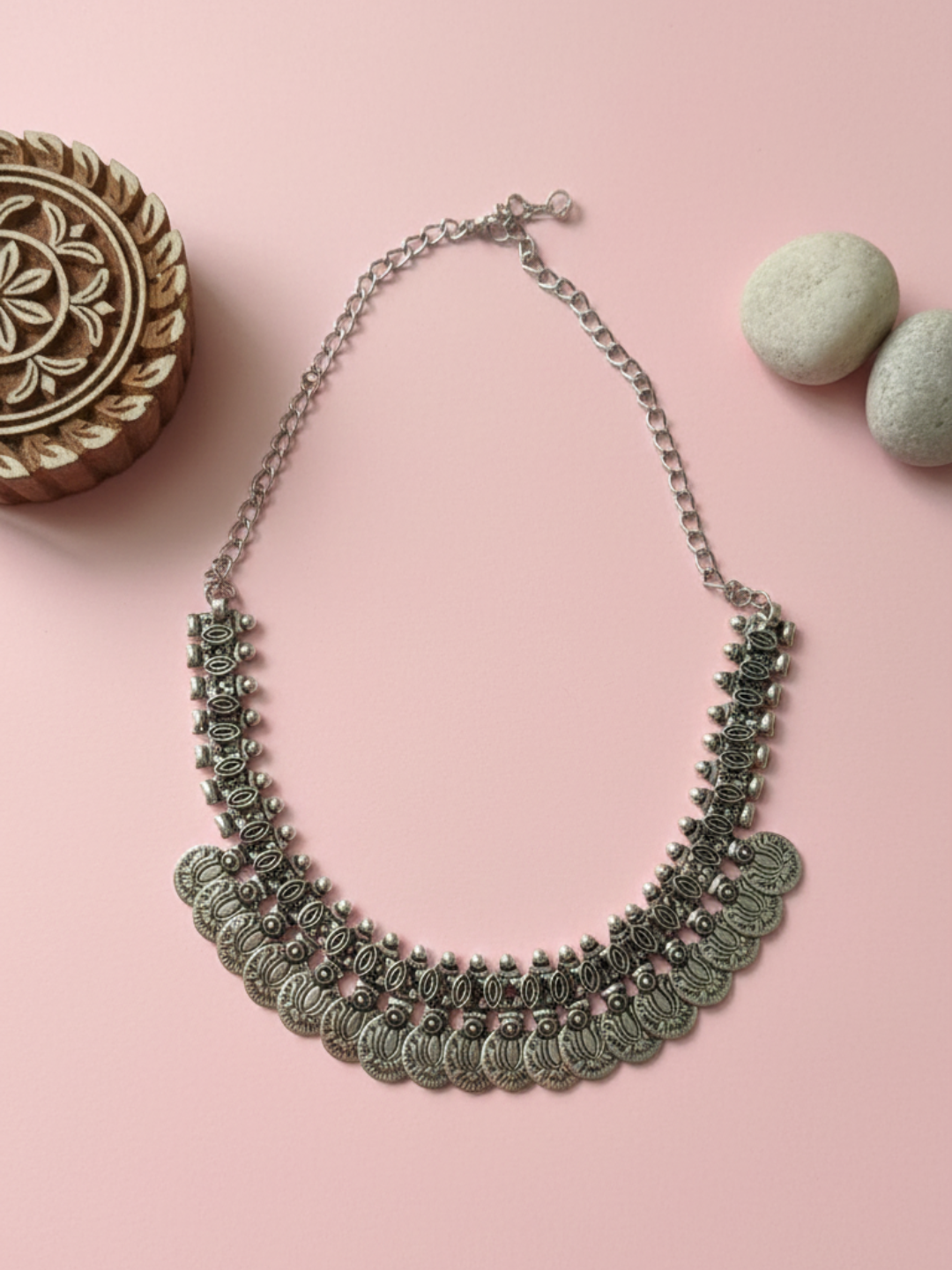 Oxidized Silver Plated Brass Heavy Coin Layered Statement Necklace for Women & Girls