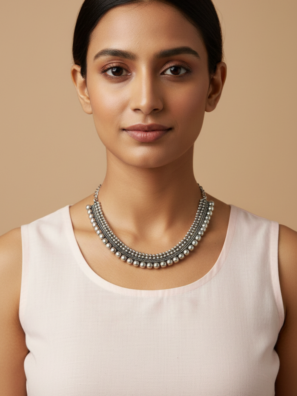 Oxidised Silver Finish Brass Necklace with Silver Beads | Traditional & Party Wear