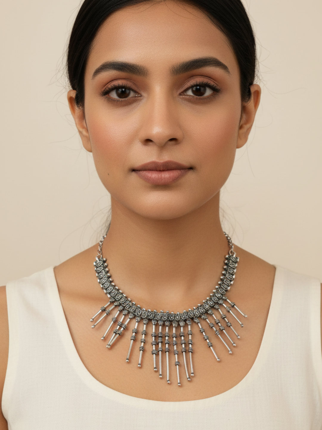 Women’s Oxidised Silver Finish Metal Beads Necklace | Ethnic Fringe Statement Jewellery