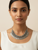 Oxidized Silver Plated Brass Heavy Coin Layered Statement Necklace for Women & Girls