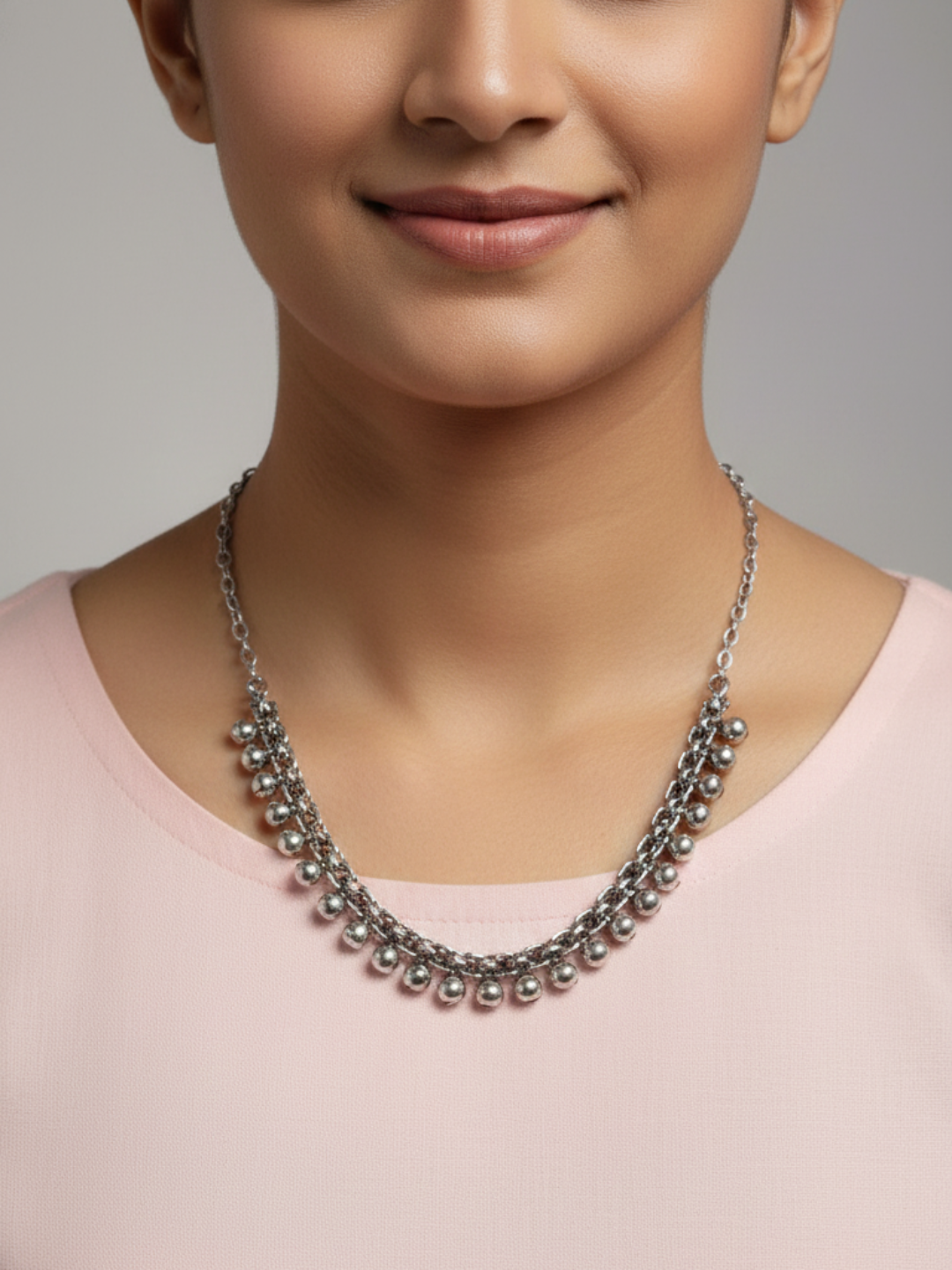 Silver Plated Oxidized Brass Double Layer Necklace with Pearl Drops for Women