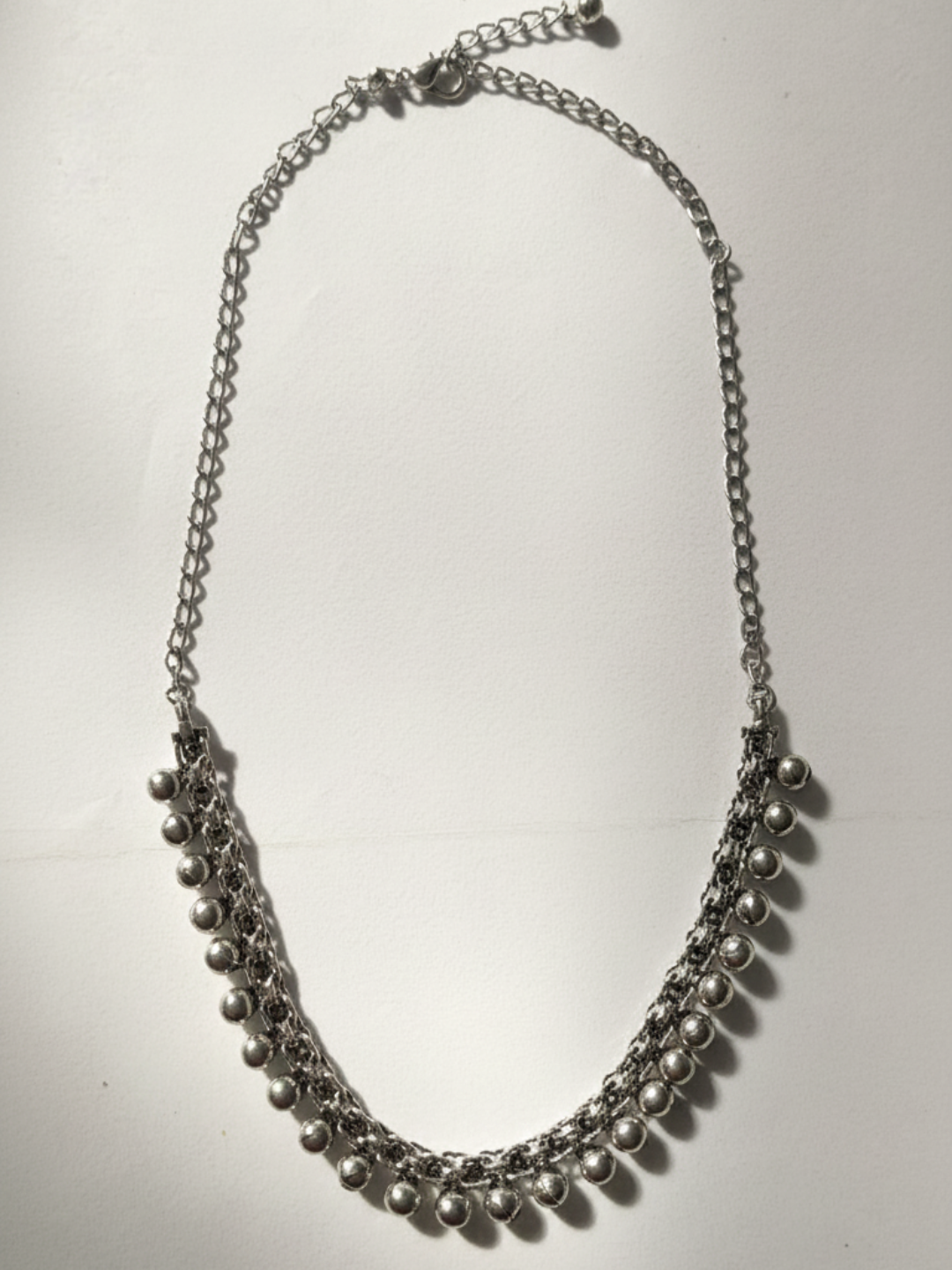 Silver Plated Oxidized Brass Double Layer Necklace with Pearl Drops for Women