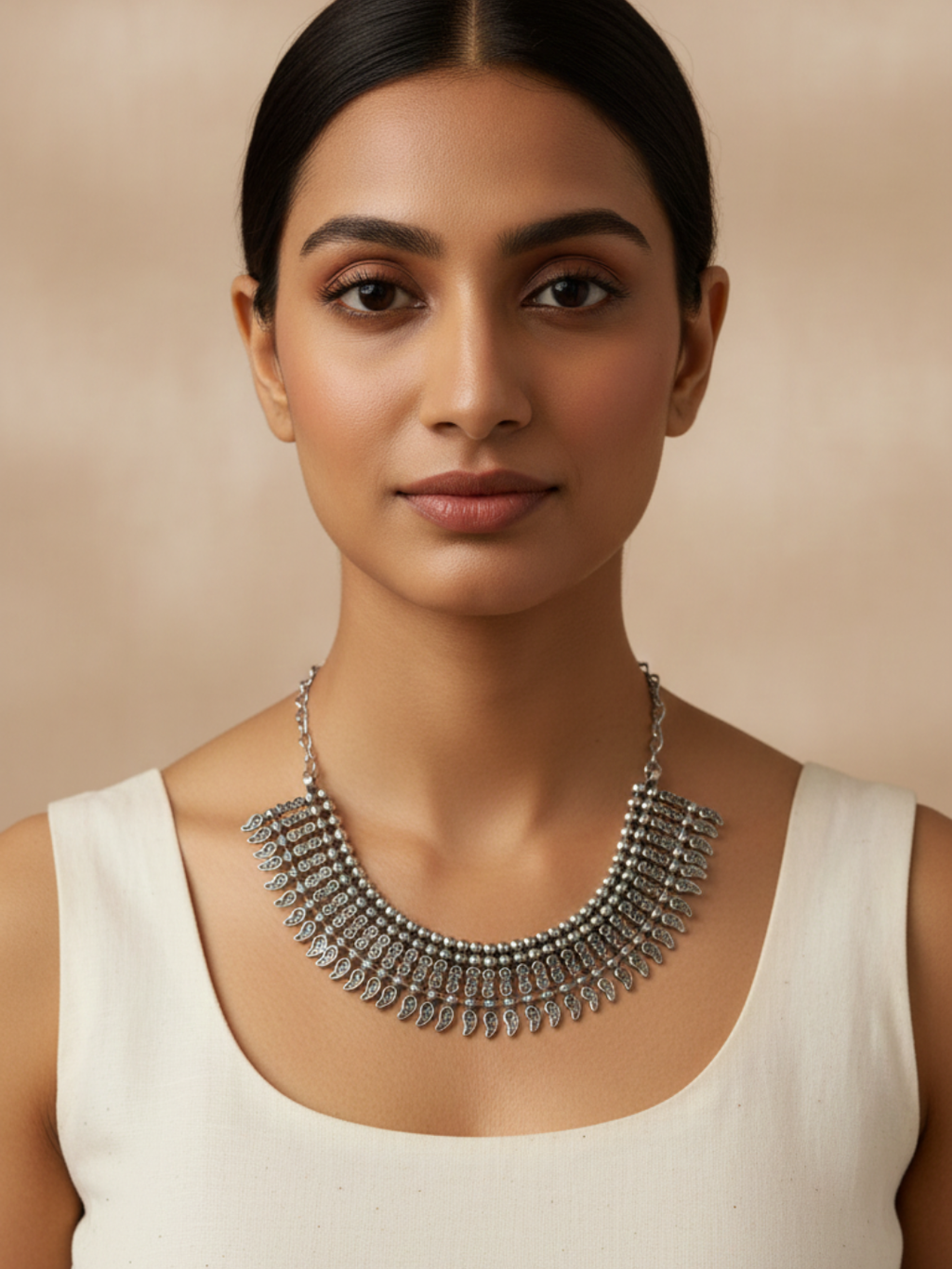traditional oxidized silver plated brass choker necklace with paisley (mango) drop pattern
