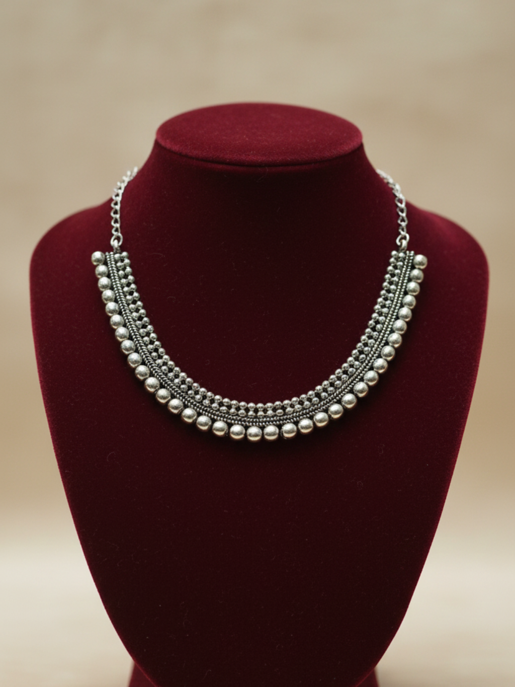 Oxidised Silver Finish Brass Necklace with Silver Beads | Traditional & Party Wear