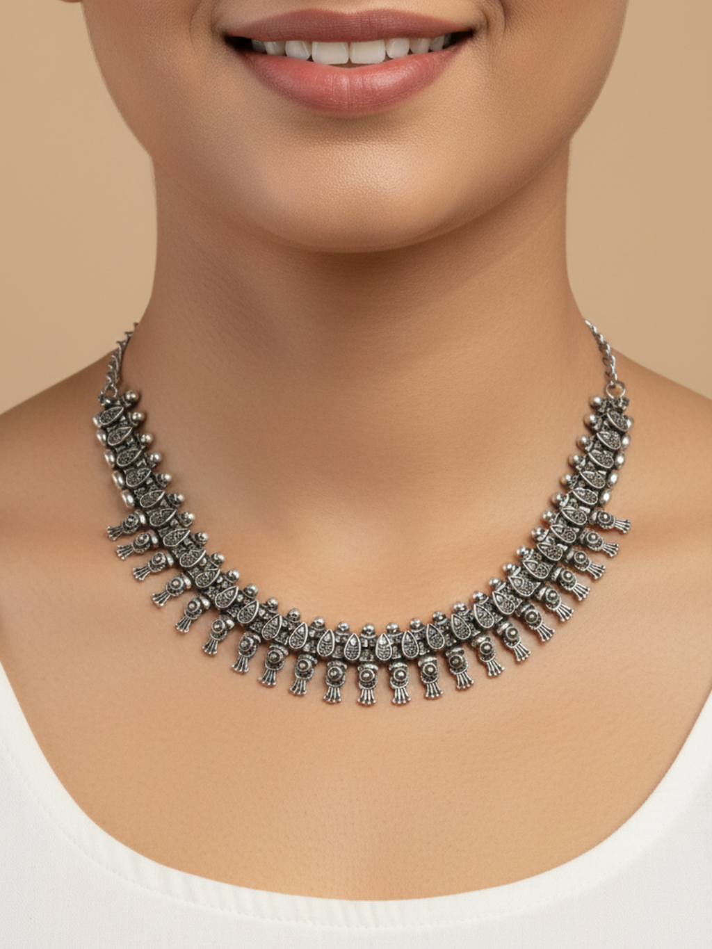 Ethnic Oxidized Silver Brass Long Statement Necklace for Women & Girls