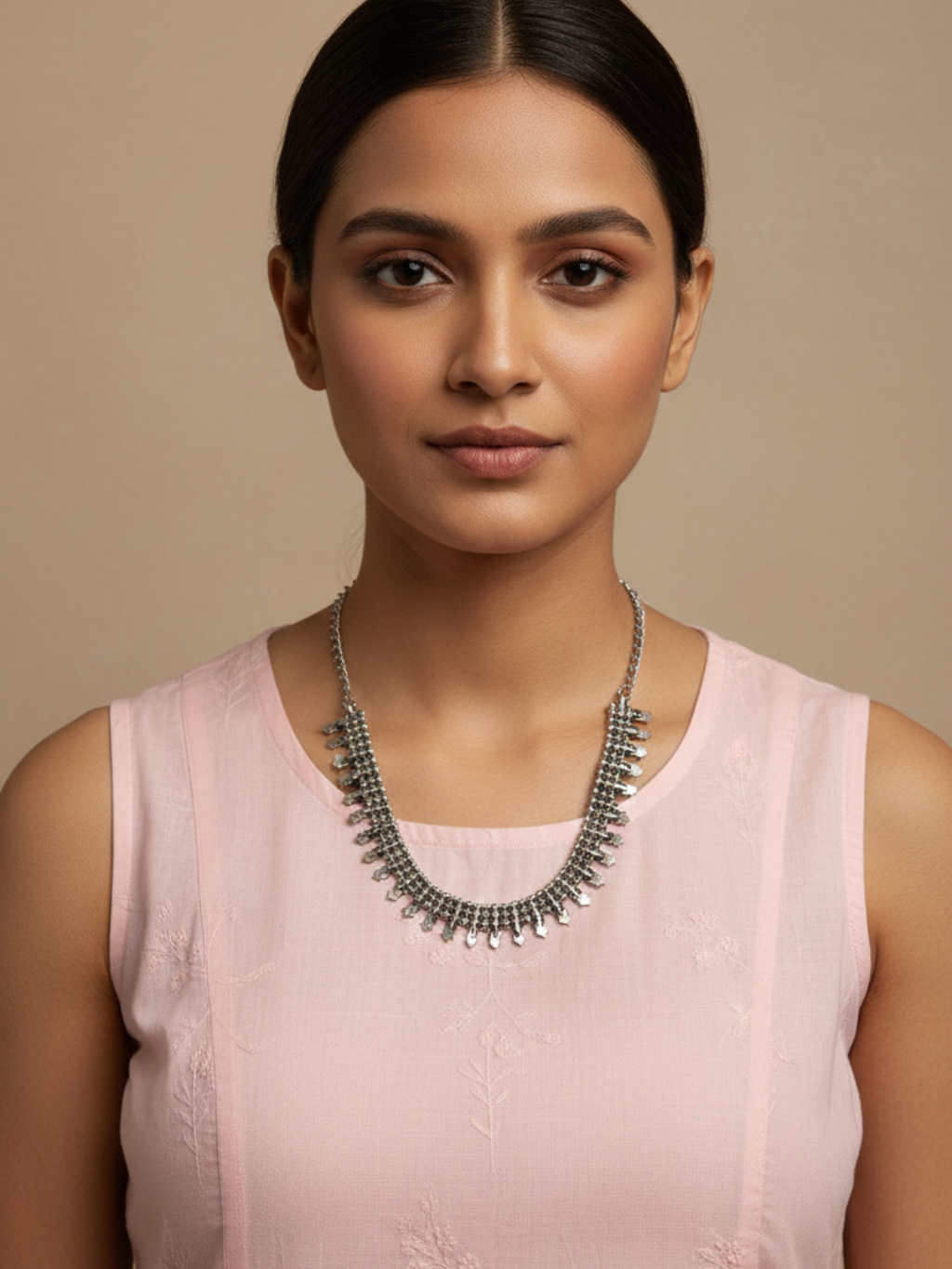 Silver Plated Brass Traditional Long Necklace with Metal Leaf Drops for Women & Girls