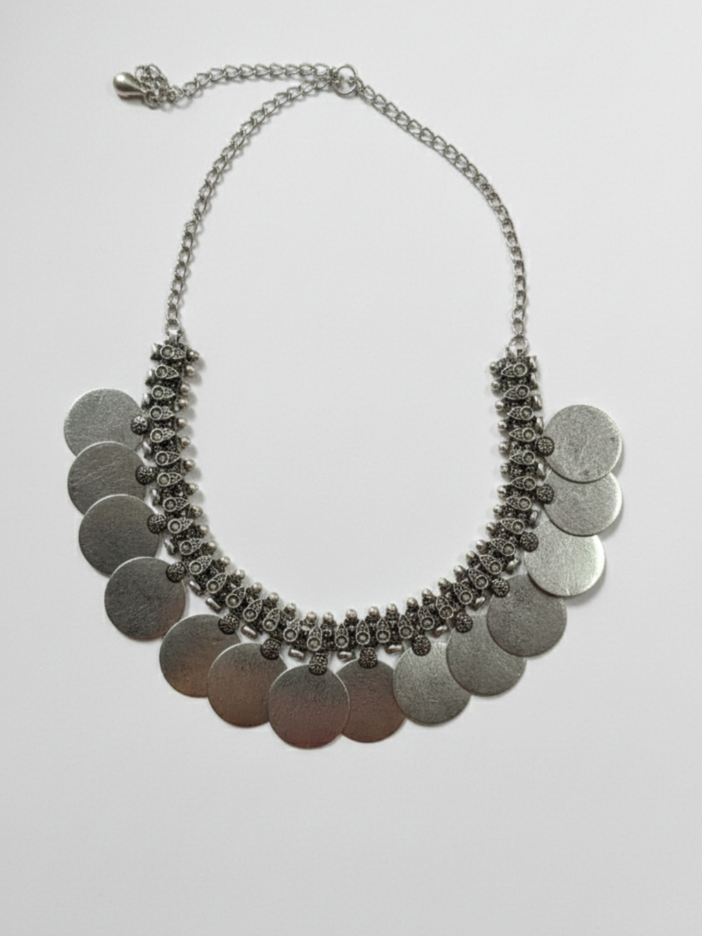 traditional oxidized silver plated brass necklace with large coin disc drops (statement ethnic piece)
