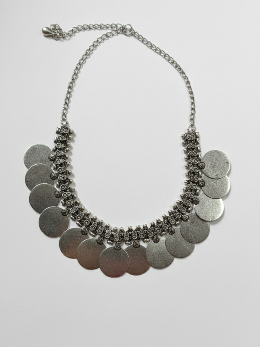 traditional oxidized silver plated brass necklace with large coin disc drops (statement ethnic piece)