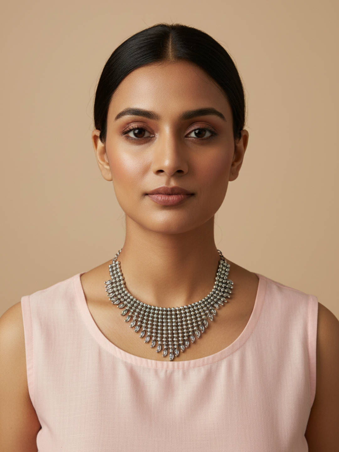 Silver-Plated Brass Teardrop Fringe Necklace - Handmade Oxidized