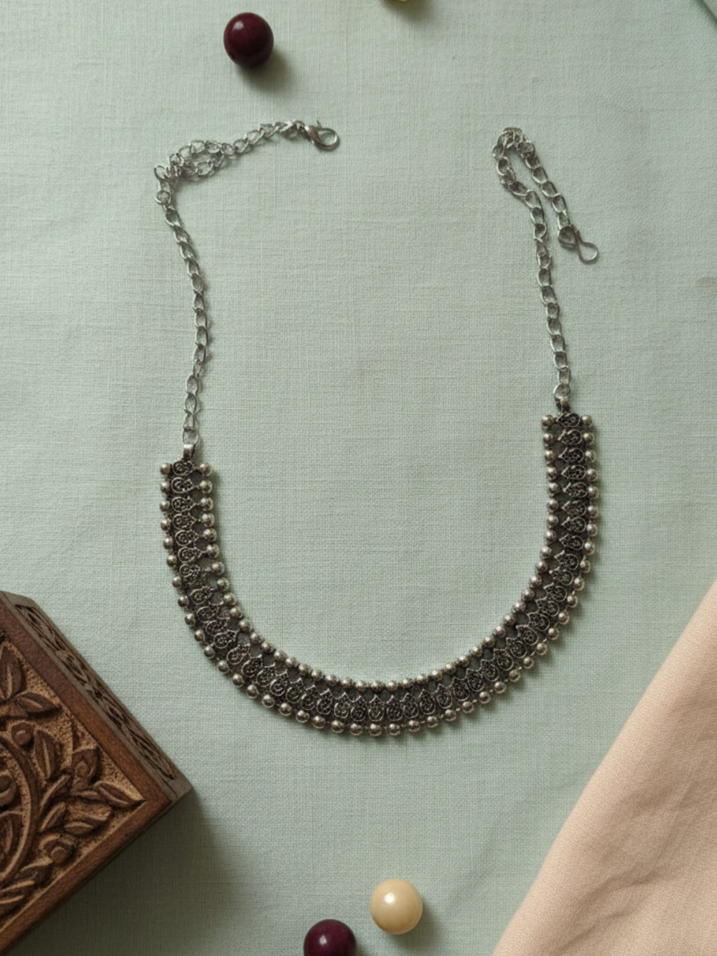 Ethnic Oxidized Silver Plated Brass Drop Design Necklace