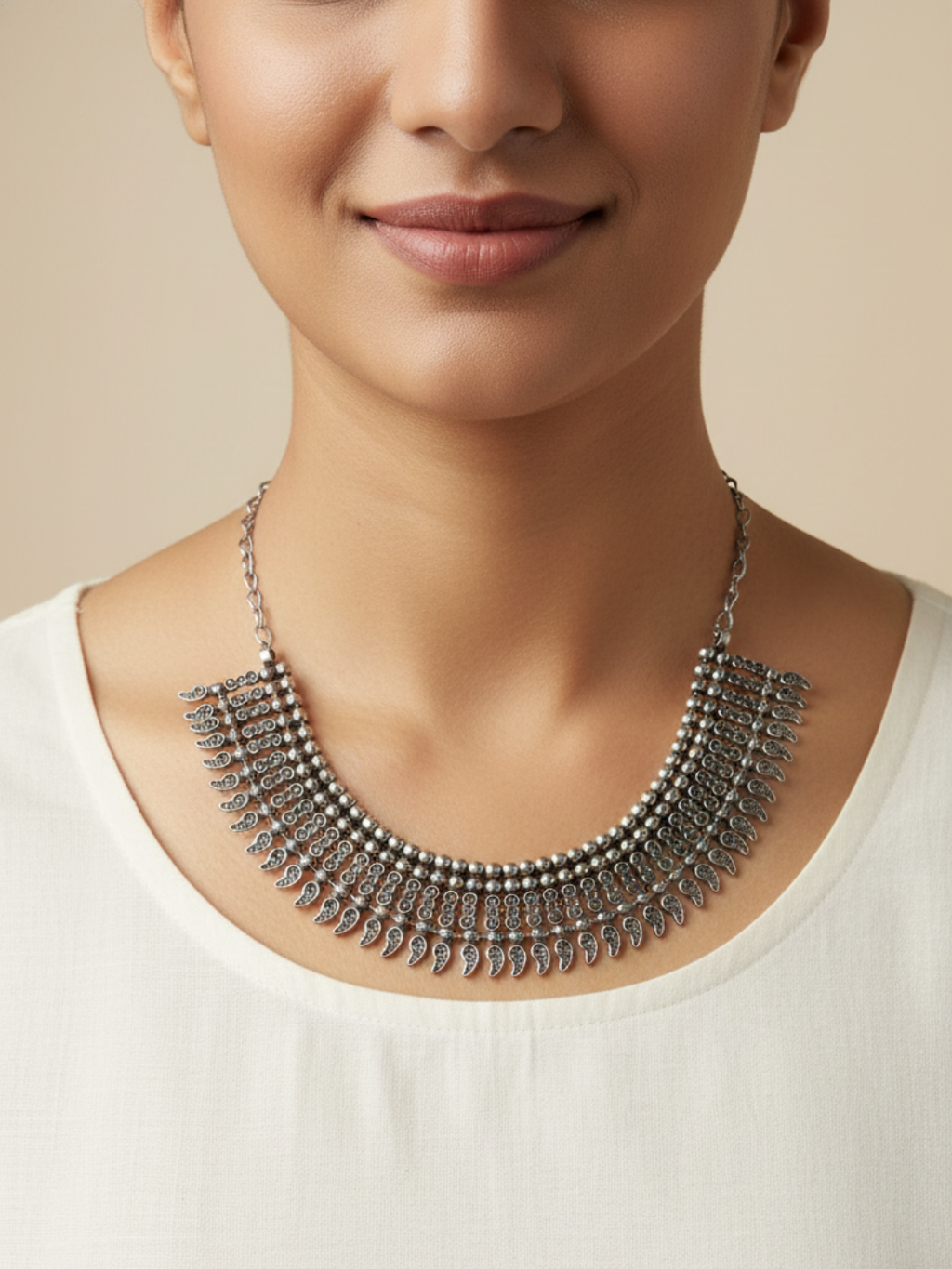 traditional oxidized silver plated brass choker necklace with paisley (mango) drop pattern