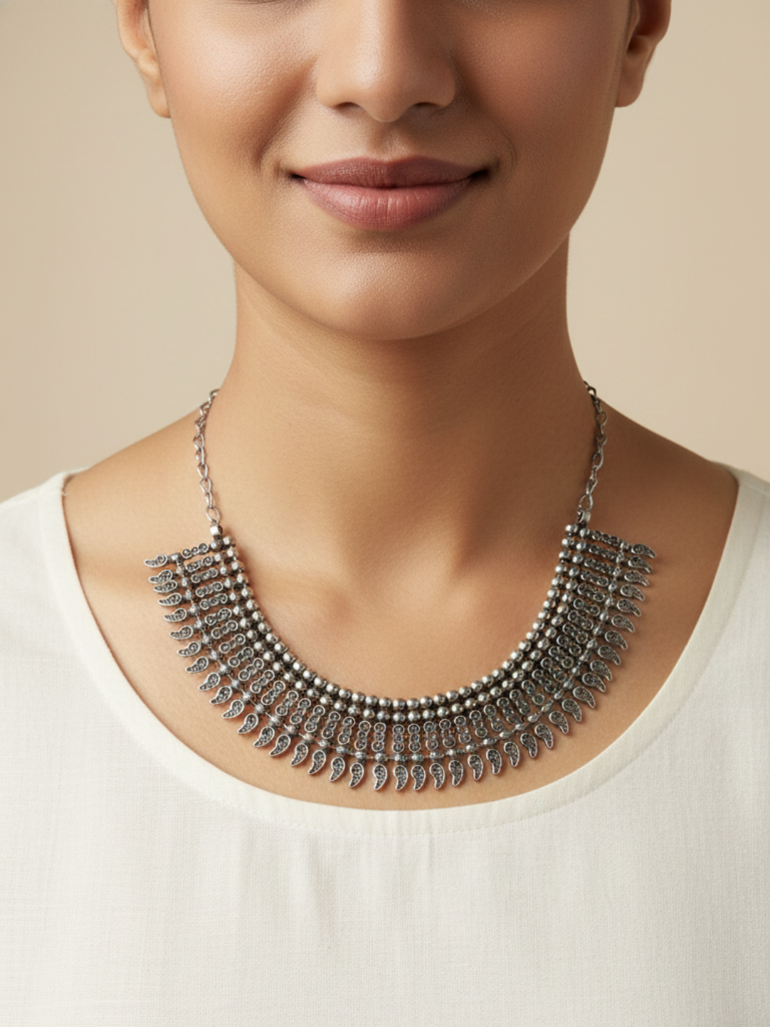 traditional oxidized silver plated brass choker necklace with paisley (mango) drop pattern