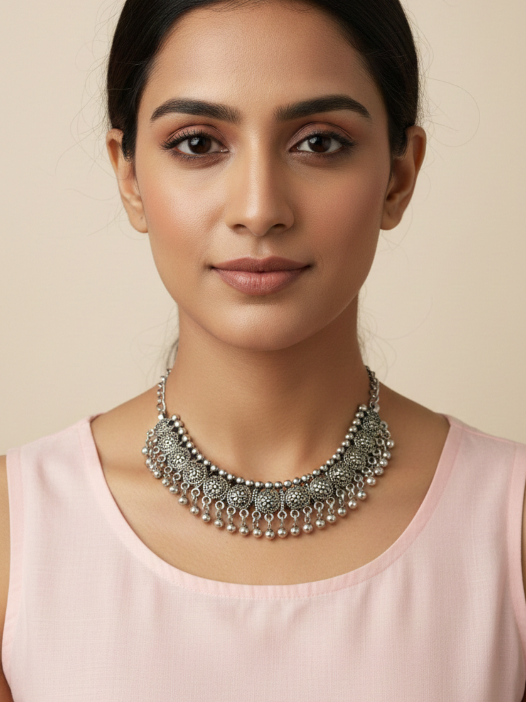 Ethnic Oxidized Silver Plated Brass Drop Design Necklace