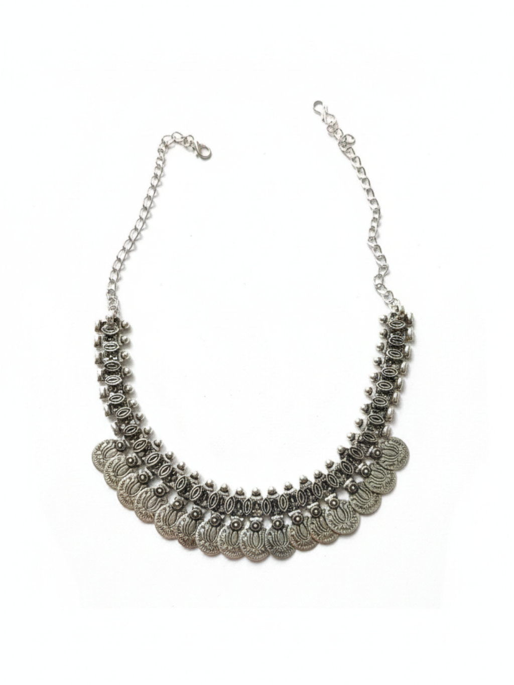 Oxidized Silver Plated Brass Heavy Coin Layered Statement Necklace for Women & Girls