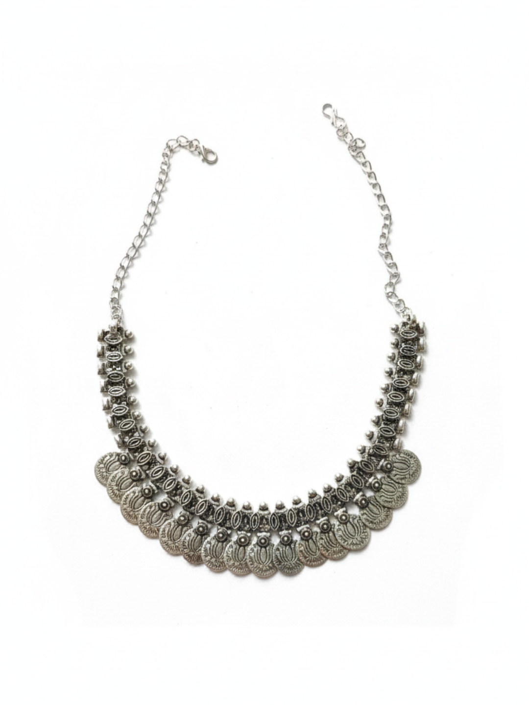 Oxidized Silver Plated Brass Heavy Coin Layered Statement Necklace for Women & Girls