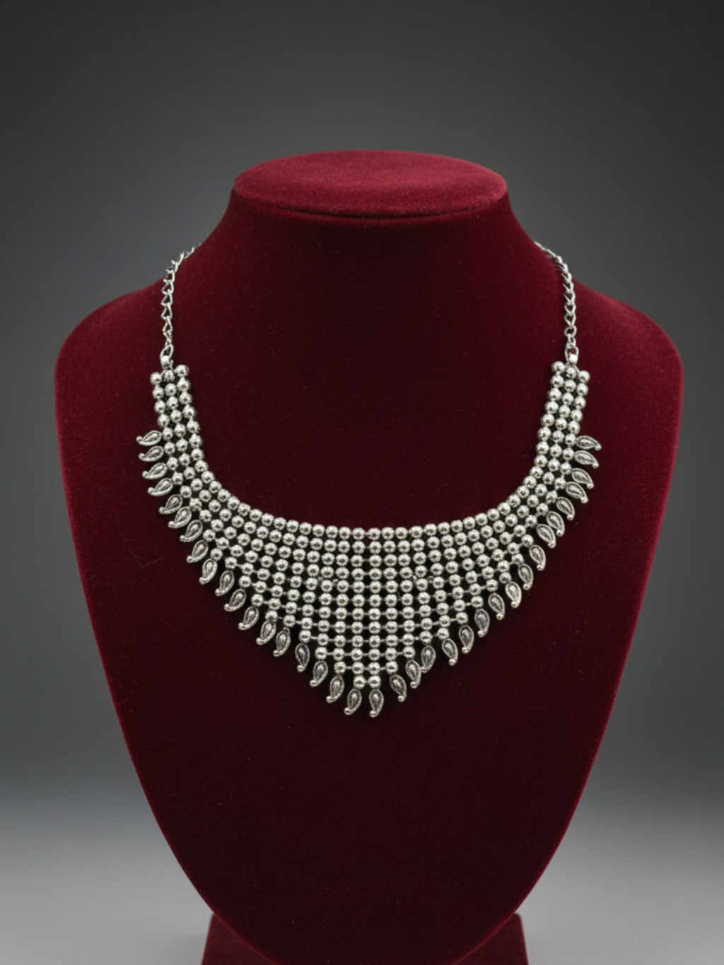 Silver-Plated Brass Teardrop Fringe Necklace - Handmade Oxidized