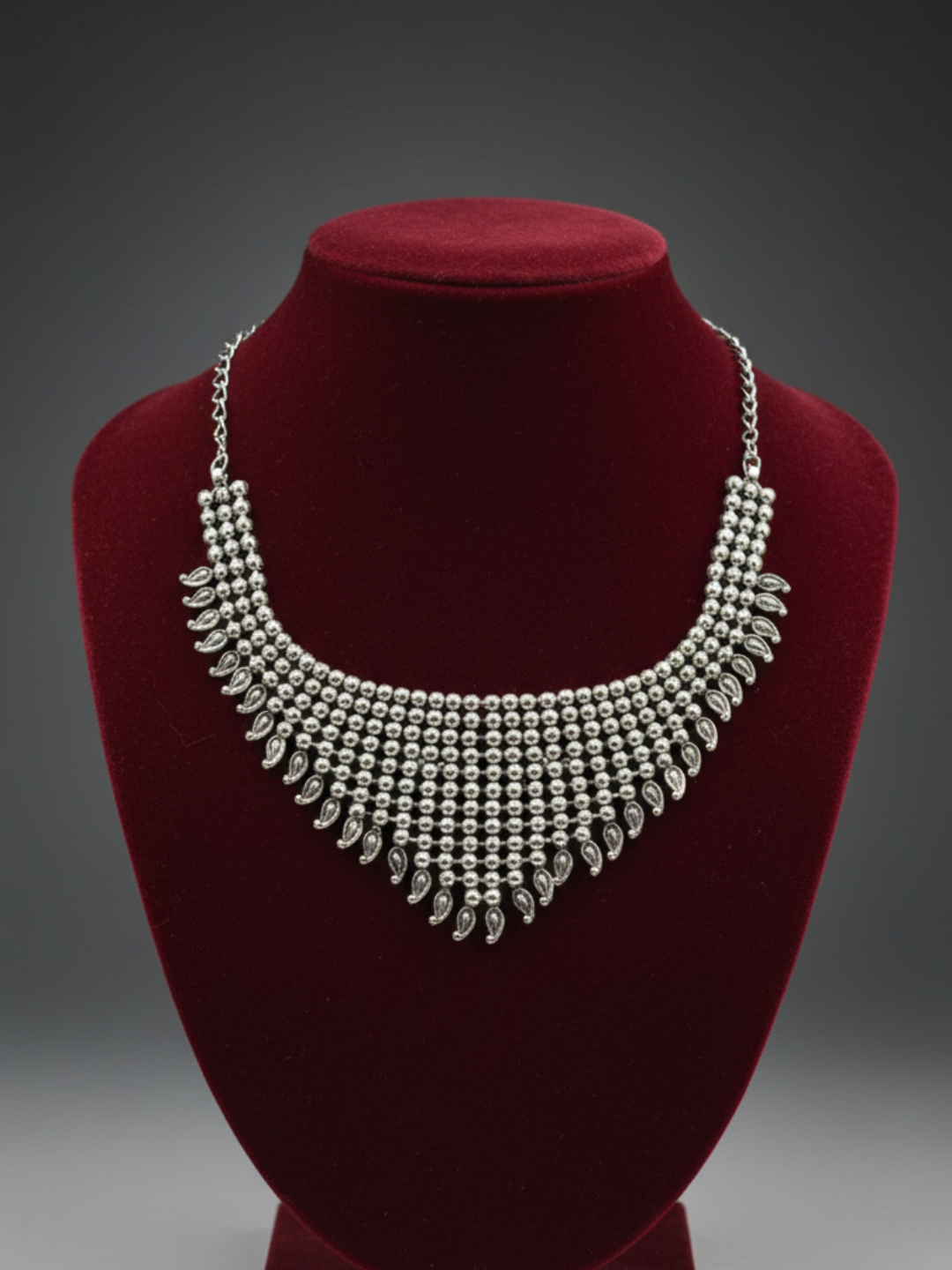 Silver-Plated Brass Teardrop Fringe Necklace - Handmade Oxidized