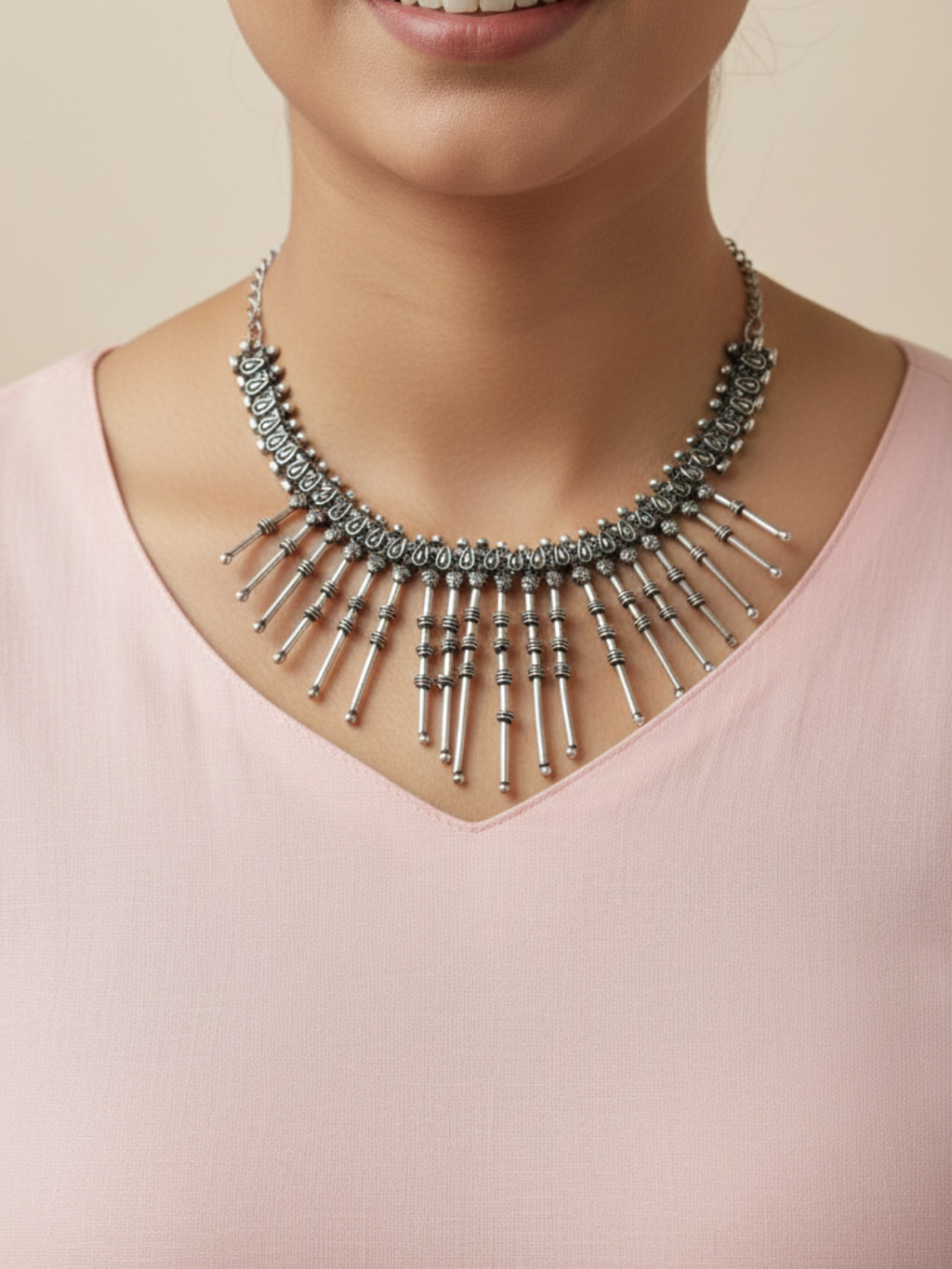 Women’s Oxidised Silver Finish Metal Beads Necklace | Ethnic Fringe Statement Jewellery