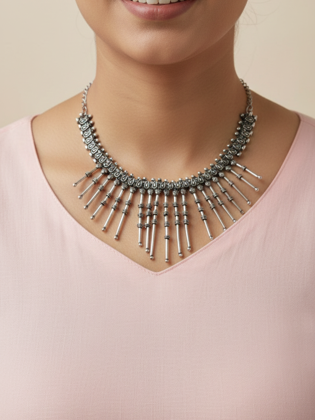 Women’s Oxidised Silver Finish Metal Beads Necklace | Ethnic Fringe Statement Jewellery