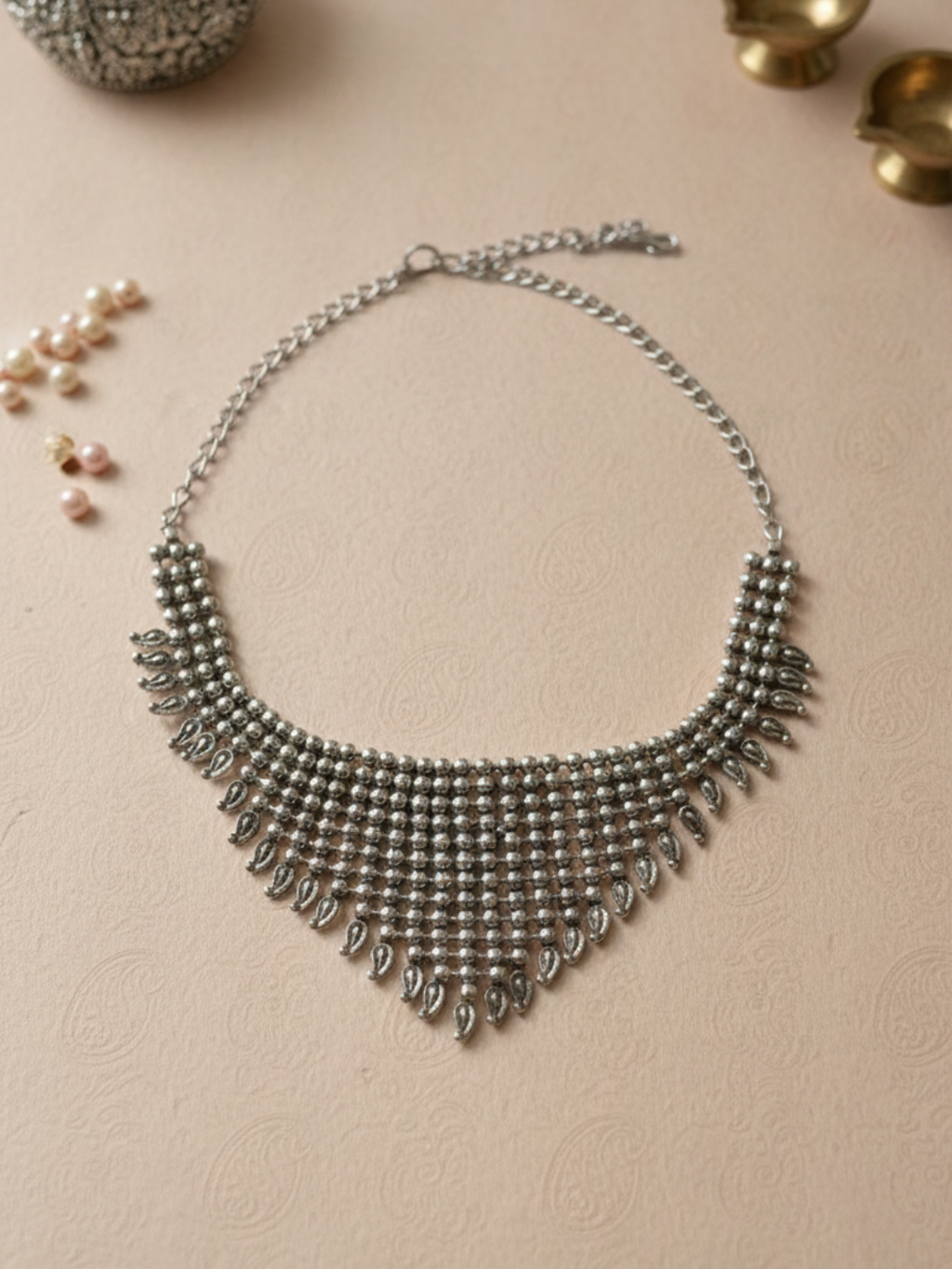 Silver-Plated Brass Teardrop Fringe Necklace - Handmade Oxidized