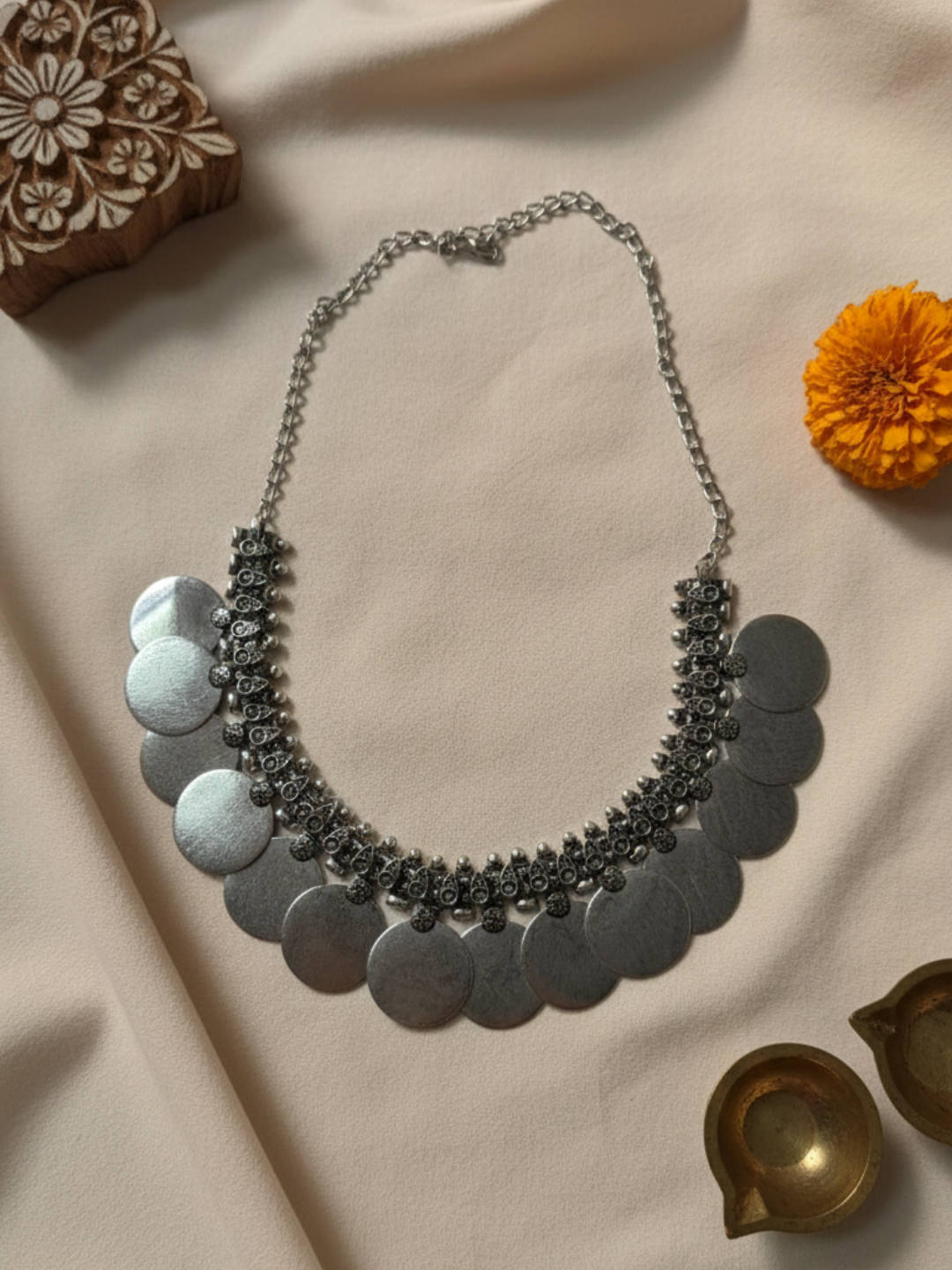 traditional oxidized silver plated brass necklace with large coin disc drops (statement ethnic piece)
