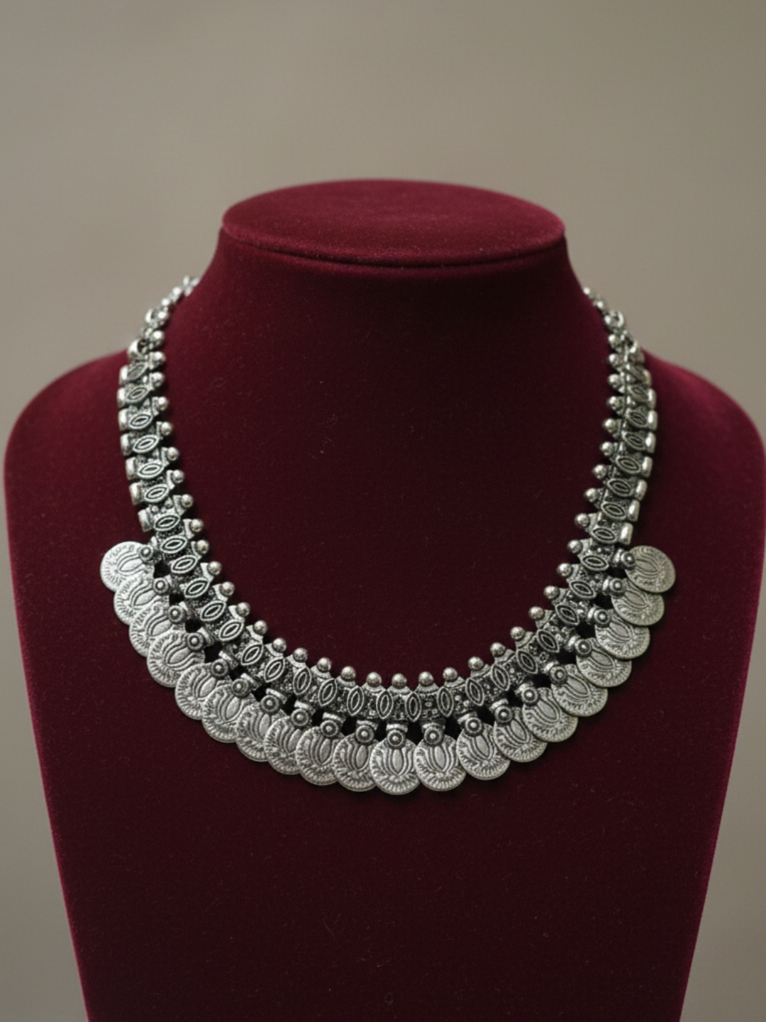 Oxidized Silver Plated Brass Heavy Coin Layered Statement Necklace for Women & Girls
