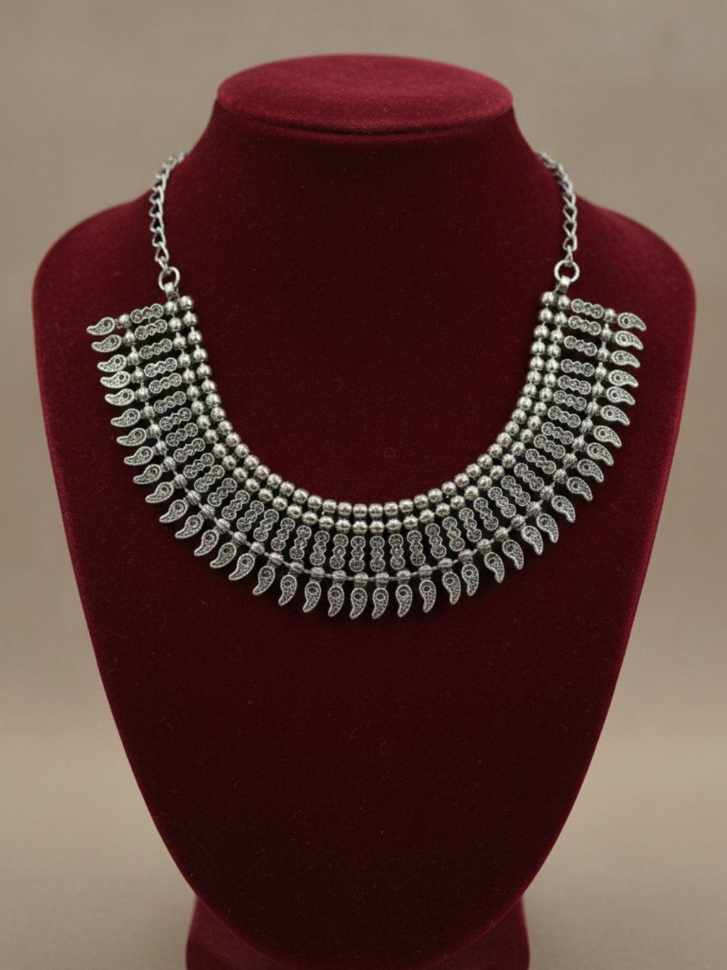 traditional oxidized silver plated brass choker necklace with paisley (mango) drop pattern