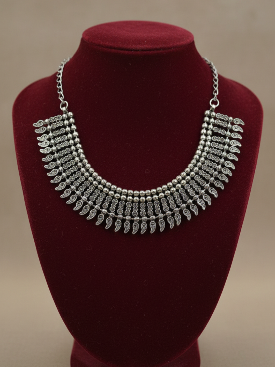 traditional oxidized silver plated brass choker necklace with paisley (mango) drop pattern
