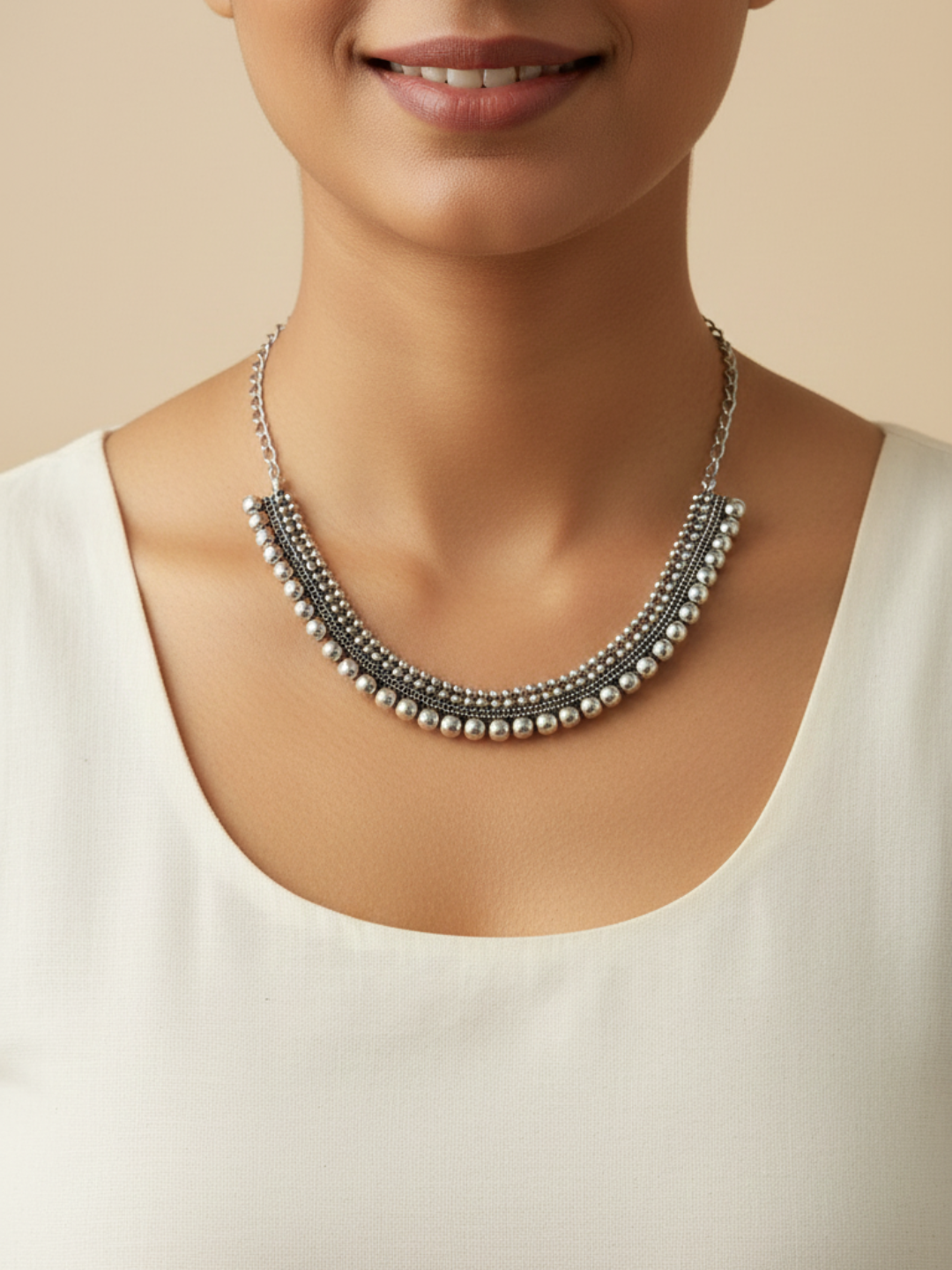 Oxidised Silver Finish Brass Necklace with Silver Beads | Traditional & Party Wear
