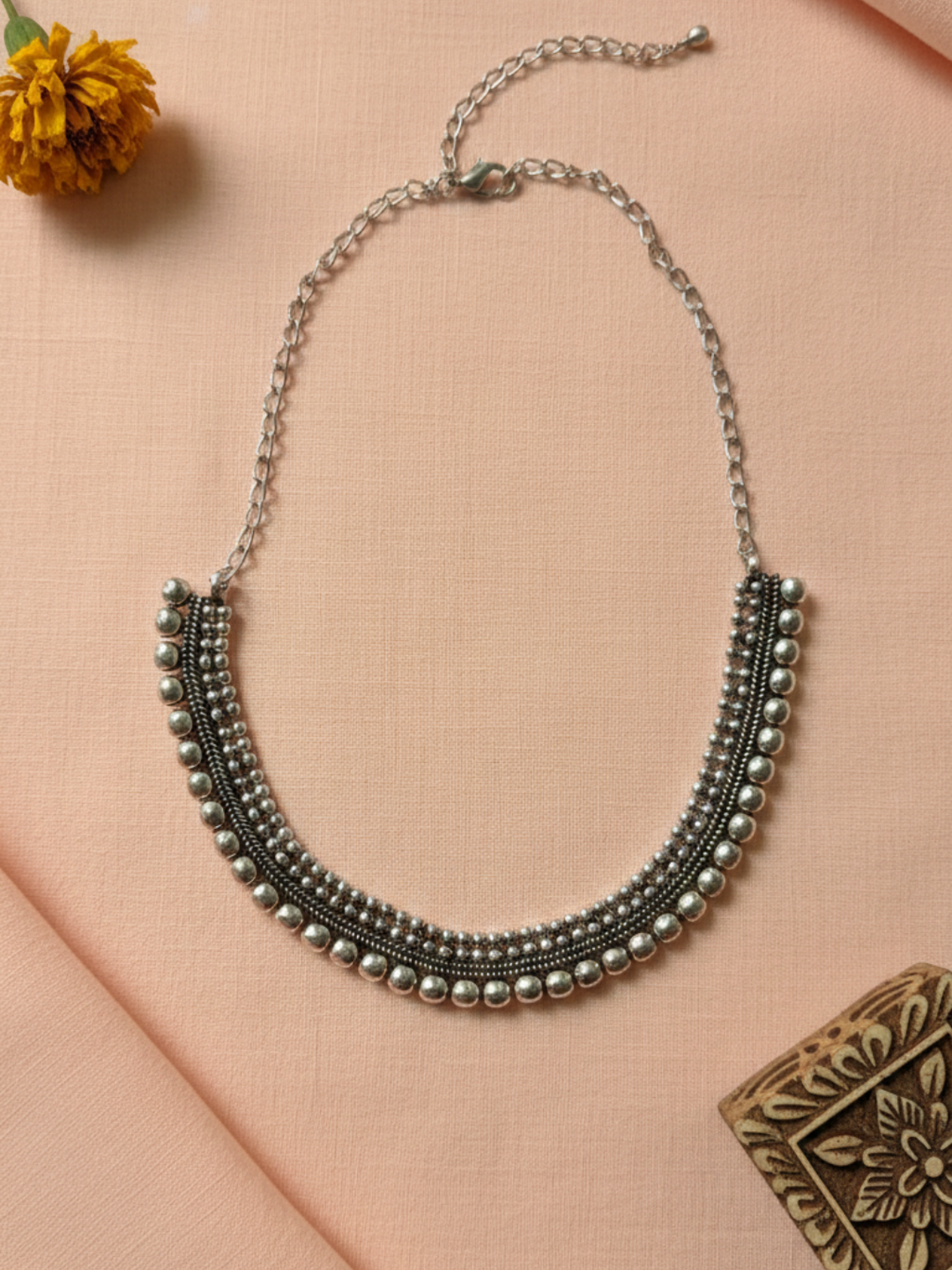 Oxidised Silver Finish Brass Necklace with Silver Beads | Traditional & Party Wear