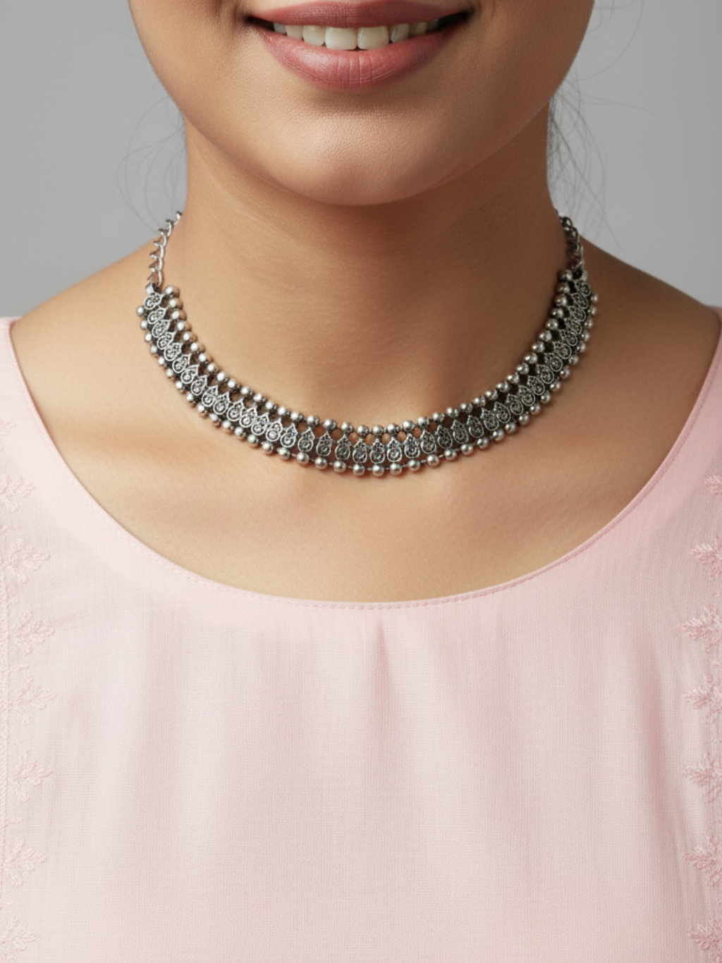 Ethnic Oxidized Silver Plated Brass Drop Design Necklace